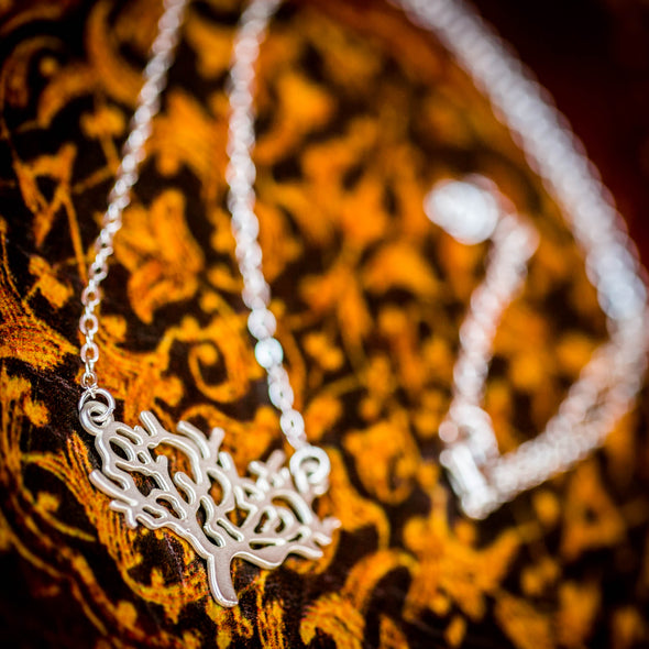 The Kamali small silver necklace on antique book box (close-up) 