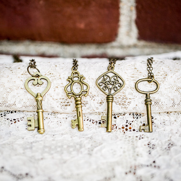 vintage skeleton brass key necklaces on lace