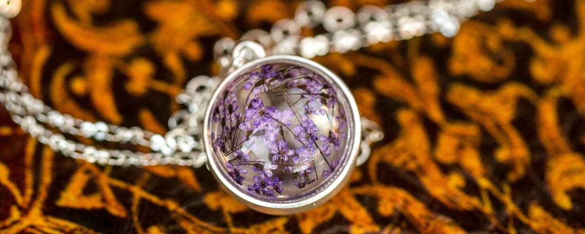 purple dried flower orb silver necklace