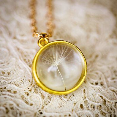 Gold Dandelion Seed Necklace on Lace.jpg