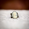 vintage cameo filagree ring, Classic Black with with White Cameo, front view