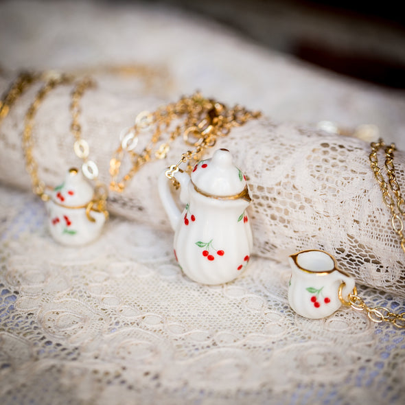 vintage doll house china tea-cup necklaces cherry