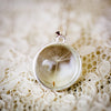 Silver dandelion seed necklace with a single seed, on lace
