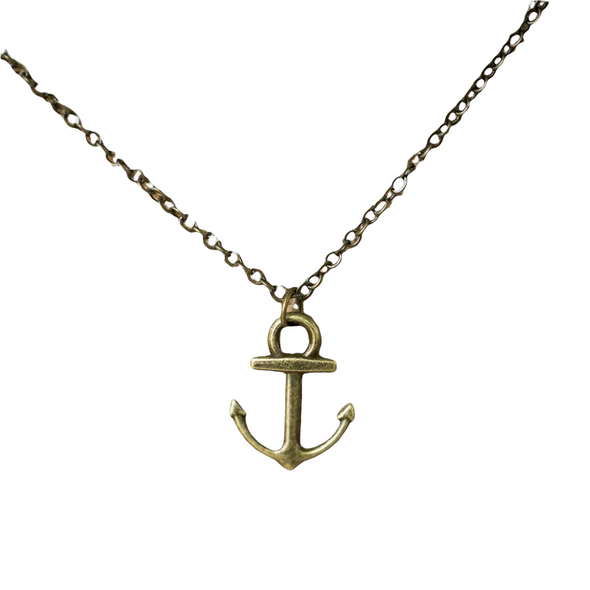 brass anchor necklace charm on brass chain on white background