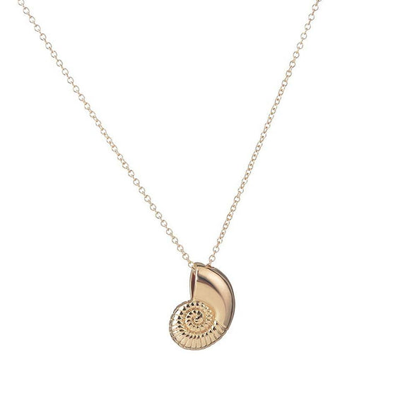 Gold nautilus shell necklace ariels lost voice on gold chain with white background