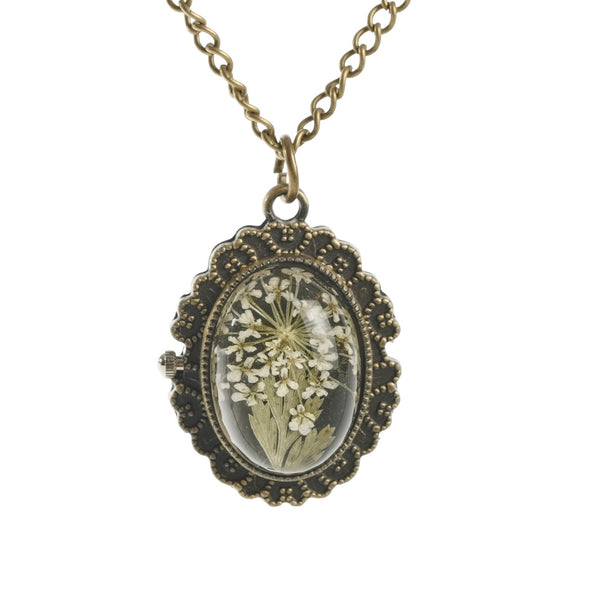 pressed flower in pocket watch necklace queen annes lace