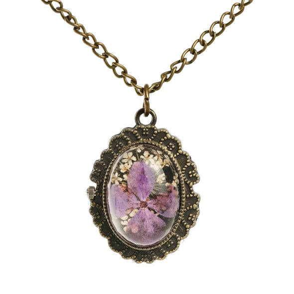 Pressed flower watch in resin purple blossom watch necklace