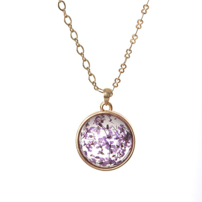 Purple Dried Flower Orb Necklace on white background Adorned by Aisha