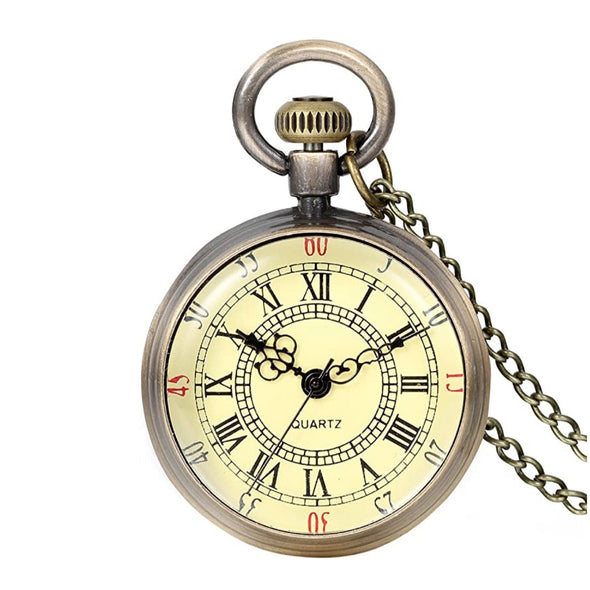 Roman Numeral Pocket Watch Necklace with brass chain on a white background