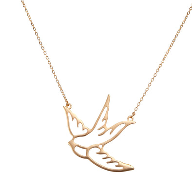 Swallow and sparrow single flying tattoo bird necklace in gold on white background