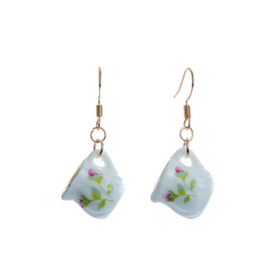 Miniature Dollhouse China Creamer Earrings on White Backdrop