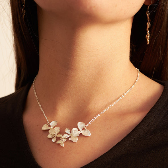 closeupofasilverorchidpetalnecklaceonamodelwearingablackshirtandorchiddangleearrings