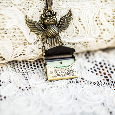 Hogwarts owl delivering you your acceptance letter in a tiny metal envelope necklace on lace backdrop harry potter