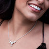 the evelyn lotus flower necklace on model neck