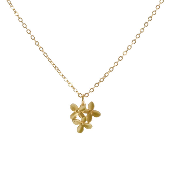 three blossoms cluster hydrangea or forget me not necklace in gold